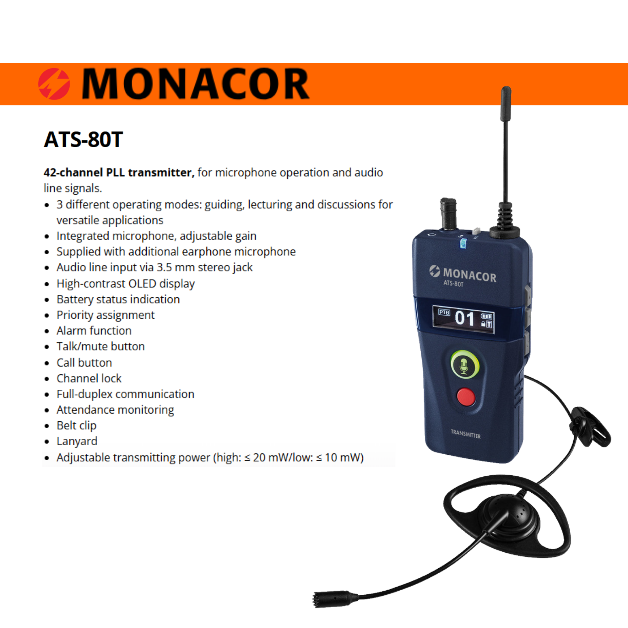 Monacor ATS-80T 2-Way Portable Transmitter