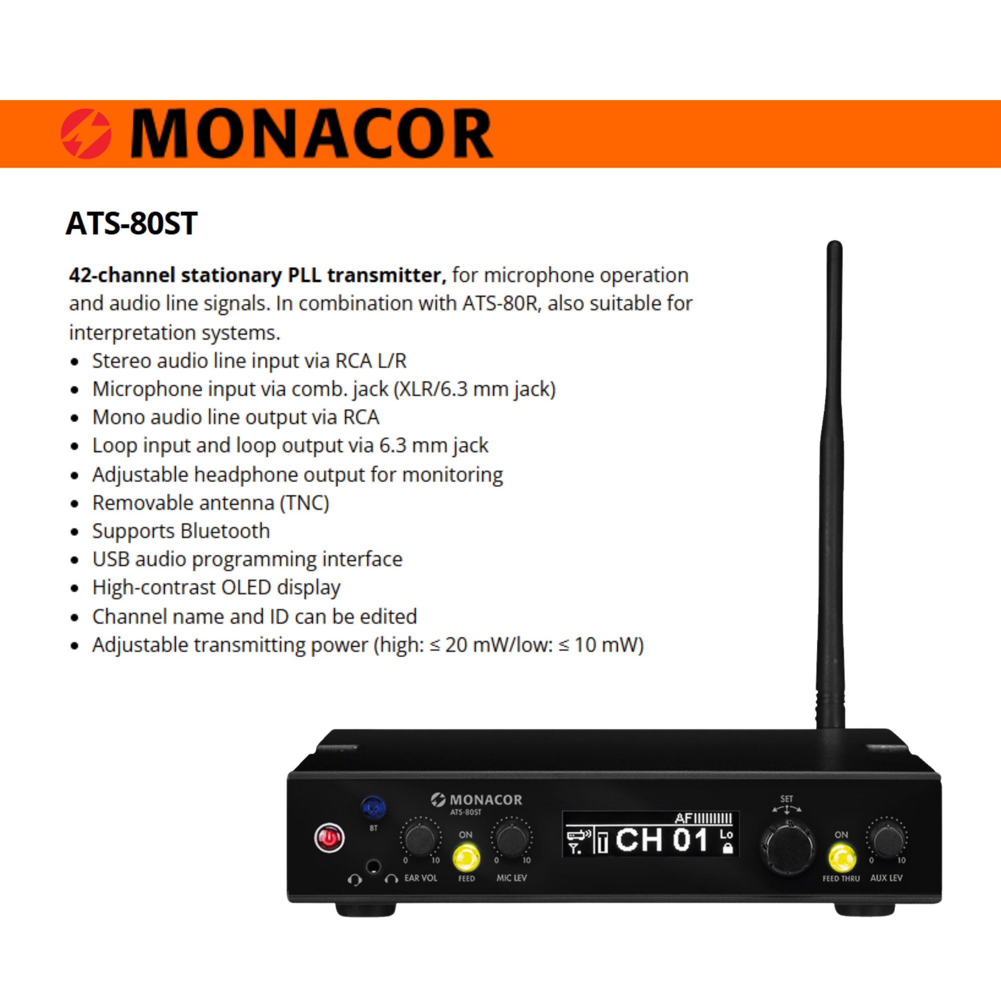 Monacor ATS-80ST 2-Way Fixed Transmitter
