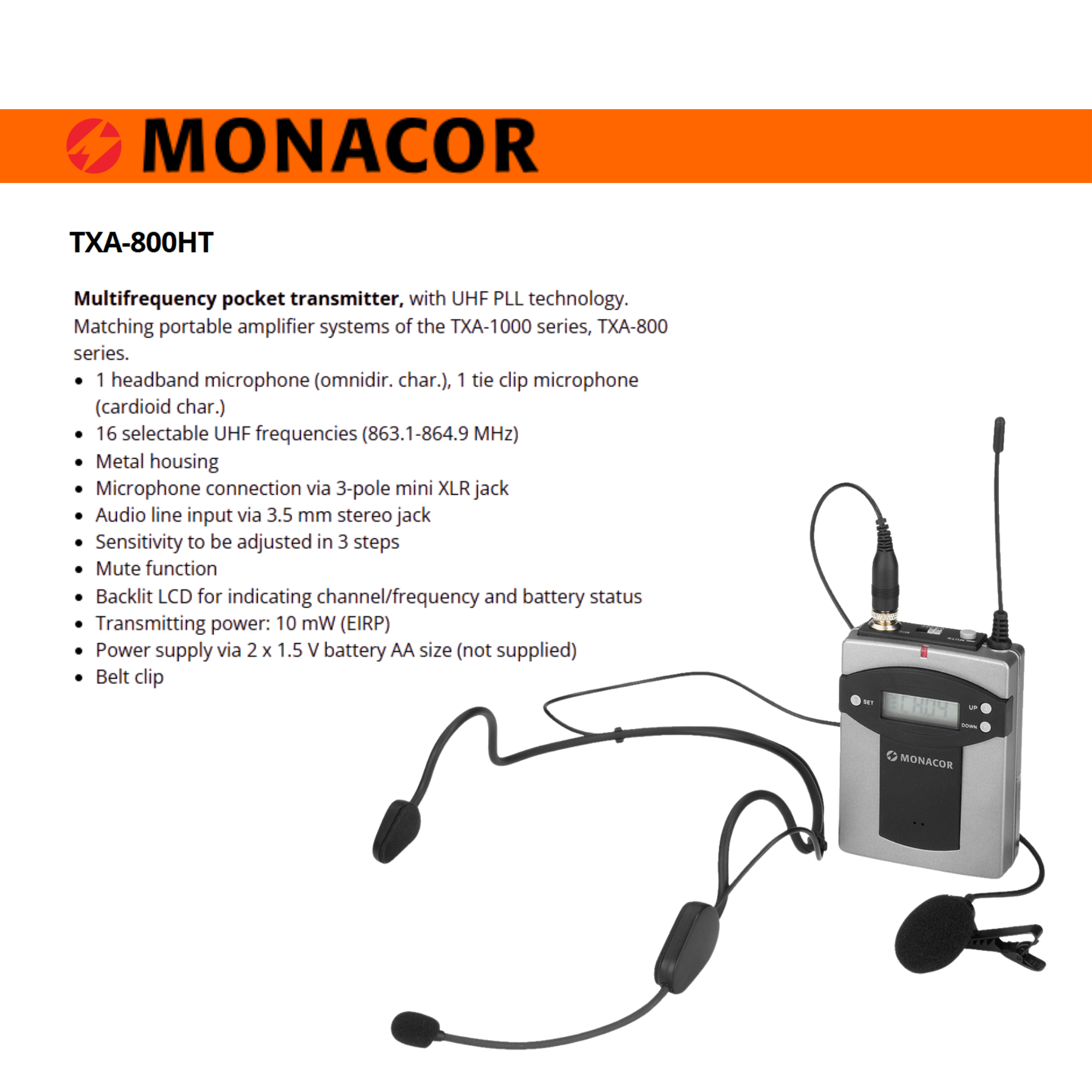 Monacor TXA-800HSE 1-Way Portable Transmitter