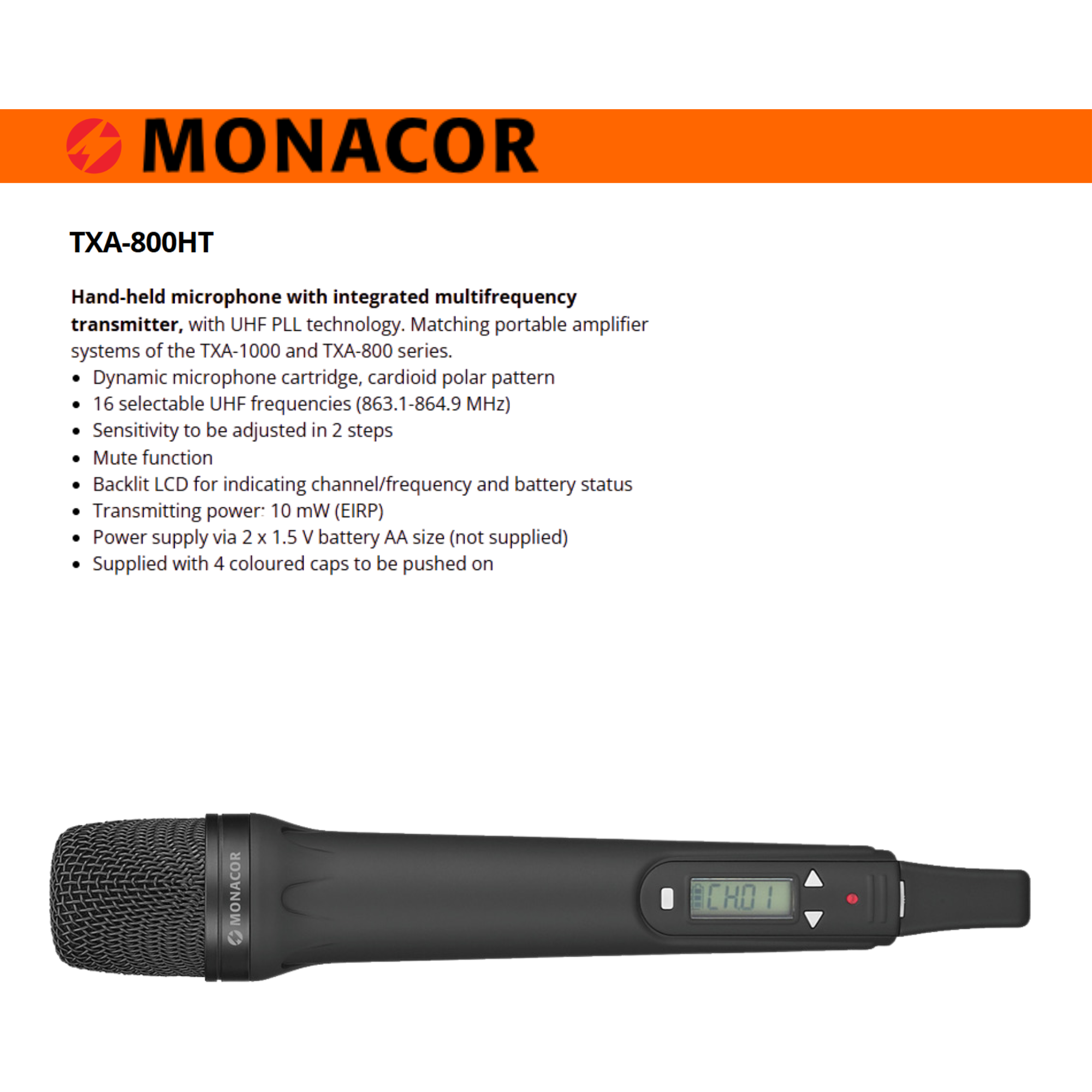 Monacor TXA-800HT 1-Way Handheld Transmitter