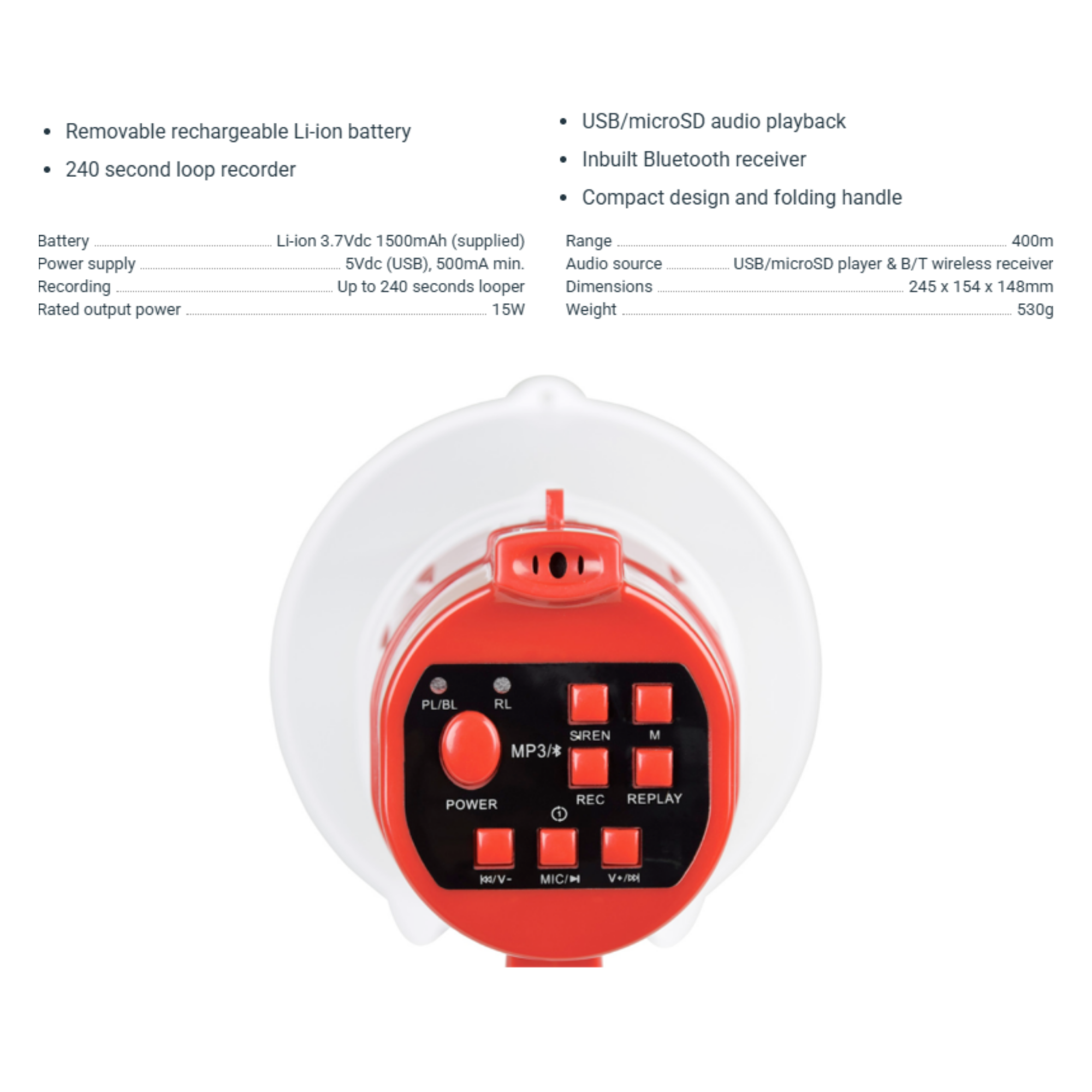 Rechargable Megaphone With Siren, Media Player & Bluetooth 15W