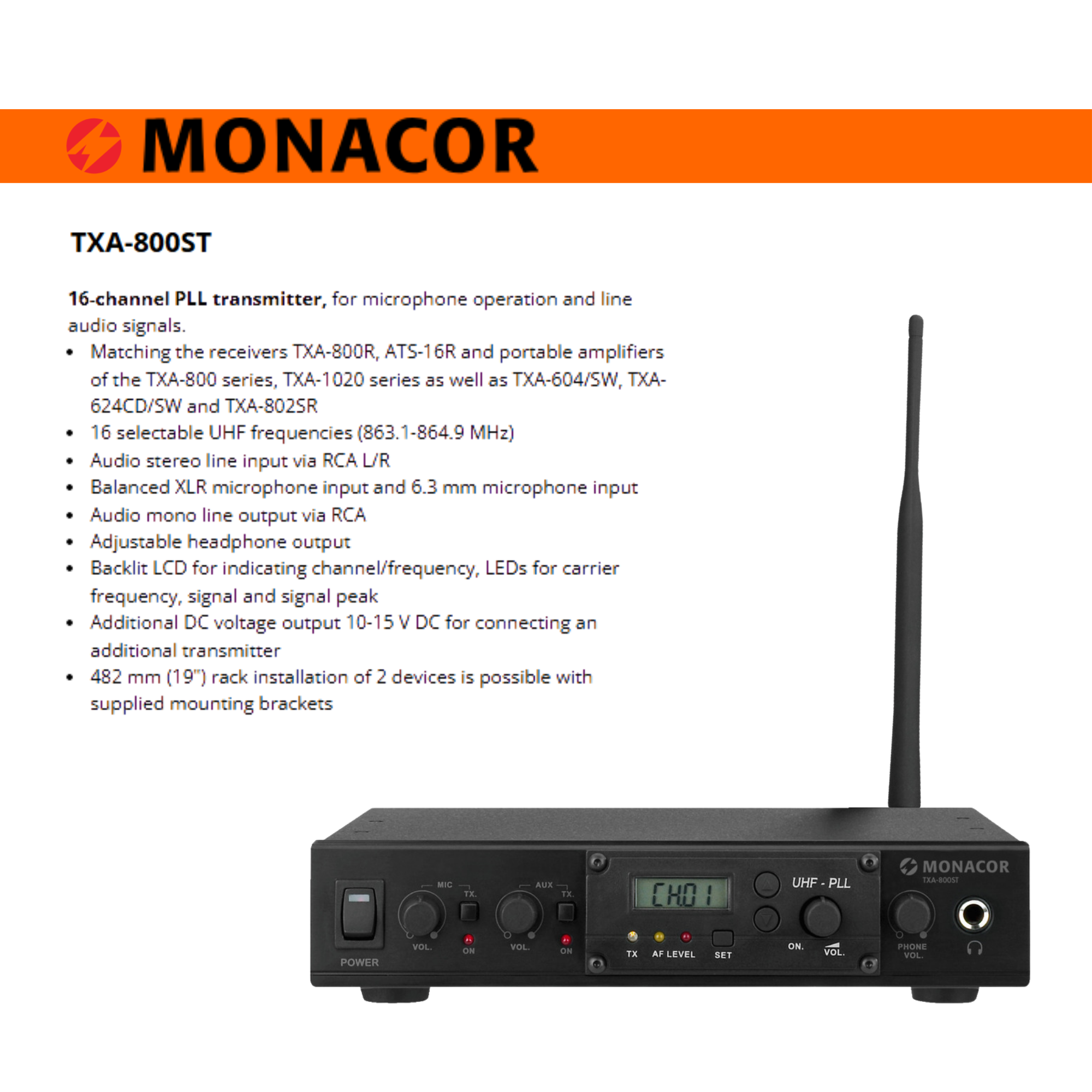 1-Way 30m 16 Channel System Monacor TXA-800R