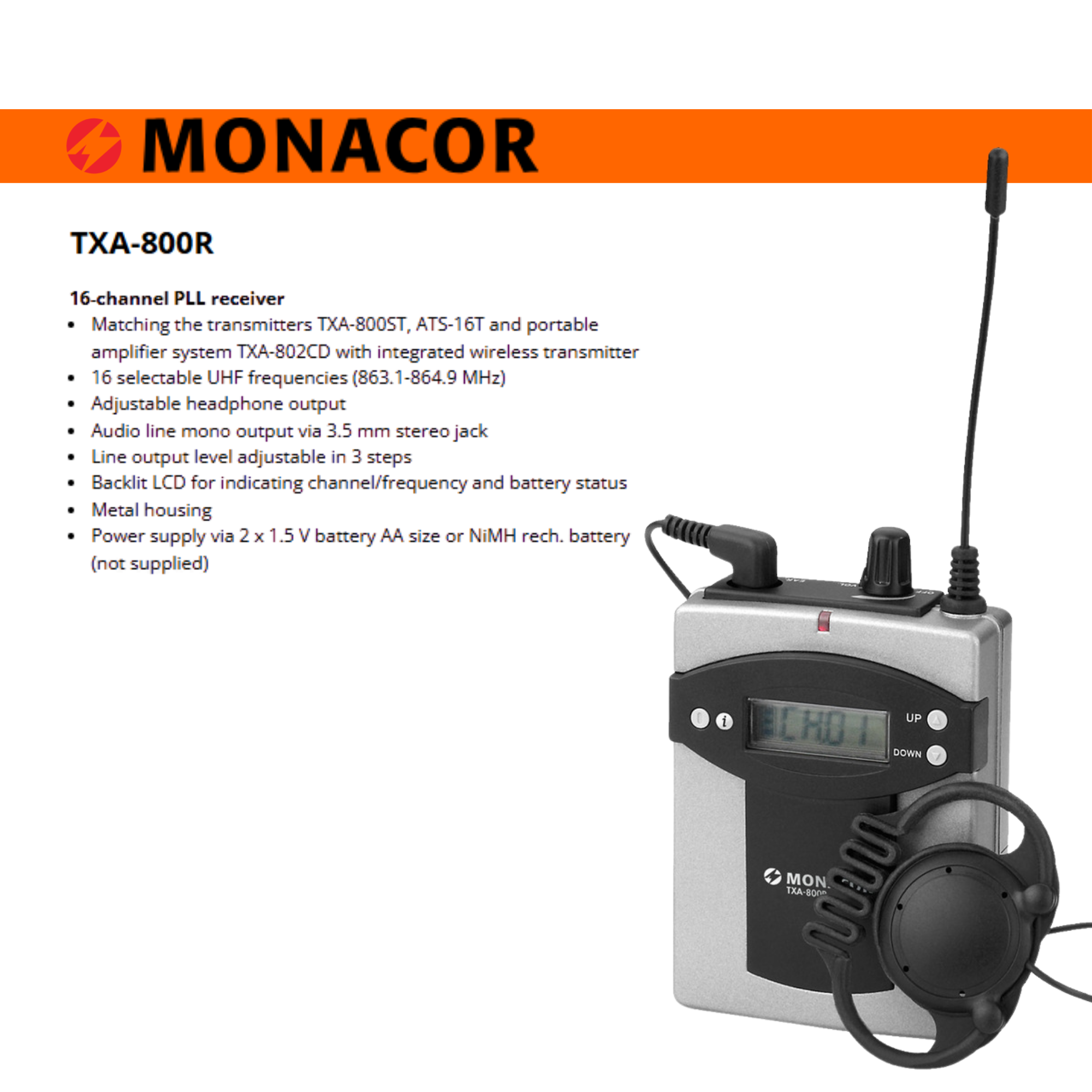 1-Way 30m 16 Channel System Monacor TXA-800R